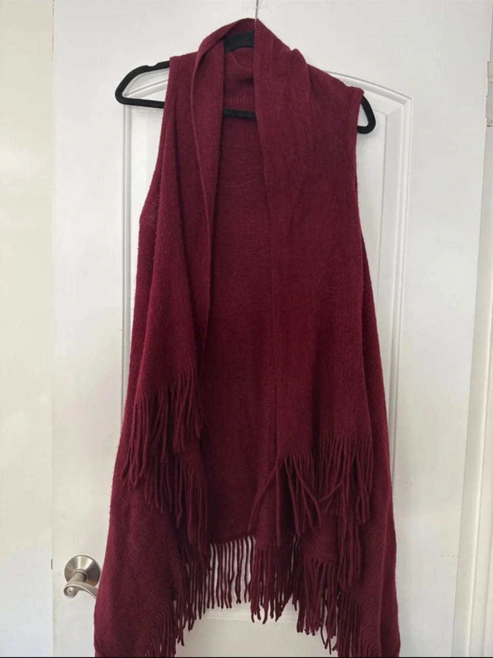 Women's Burgundy Fringe Knit Wrap Vest